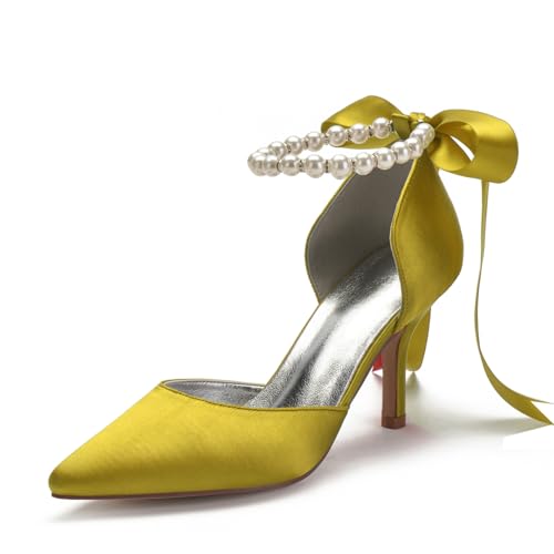 Bridal Hochzeitsschuhe Damen Pointed Toe Pumps Bridal Stiletto Heel Formale Prom Party Kleid Schuhe Bequeme Pumps 8Cm,Gelb,40 EU von Generic