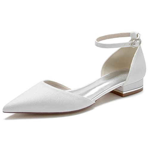Bridal Pointed Toe Flats Damen Schuhe Hochzeitsschuhe Slip-On Partei Abendschuhe Flach 2.5Cm,Weiß,40 EU von Generic