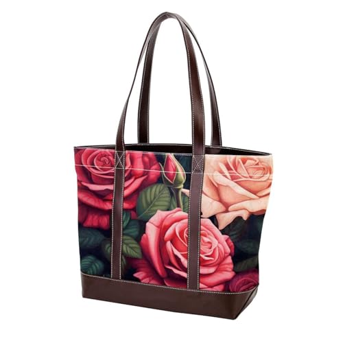 Bright Red Roses-848 modische gewaschene strapazierfähige Ledergeldbörse für Damen, mit Tragegriff oben, mit Taschen, Reißverschluss, Mehrfarbig 03, 33.8x12x31cm/13.3x4.7x12.2 in von Generic
