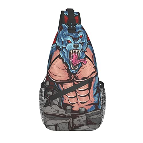 Brusttasche Dunkel Mit Blauem Wolf Crossbody Freizeit Leichte Sling Bag Herren & Damen, Für Wandern, Reisen, Sports von Generic