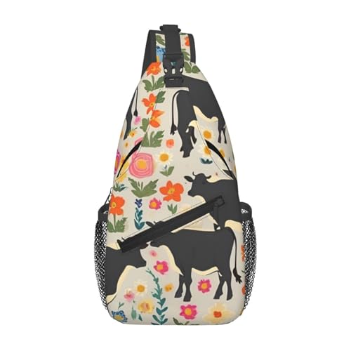 Brusttasche Rote Blume Kühe Rinder Druck Anti-Diebstahl Schultertasche Multipurpose Taktisch Brusttasche Für Herren Radfahren Outdoorsport 19X39Cm von Generic