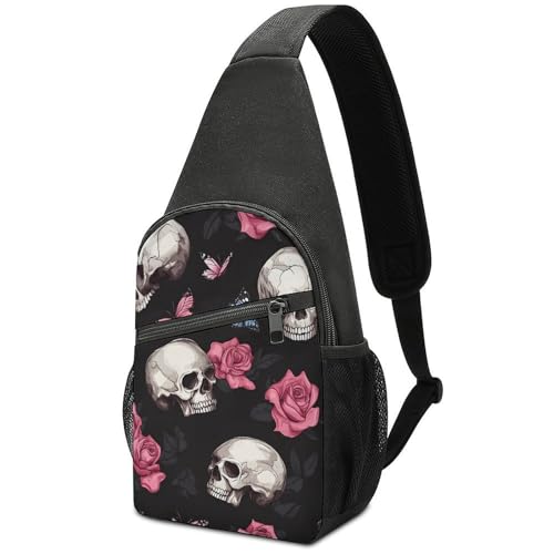 Brusttasche Totenkopf Roses Schmetterling Anti-Diebstahl Sporttasche Tragbare Taktisch Brusttasche Für Outdoorsport Herren Wandern 19X39Cm von Generic