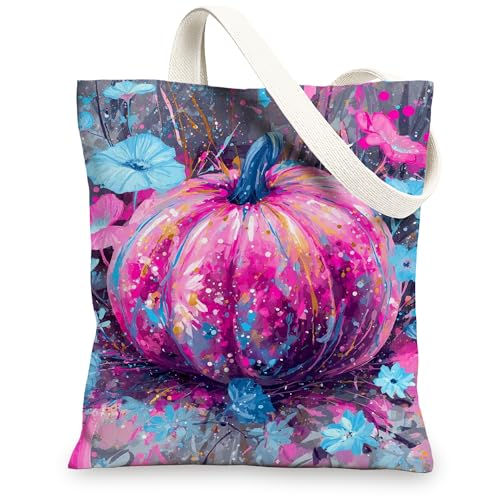 Bunte Canvas-Taschen, Blumen-Kürbis-Design, wiederverwendbar, modern, elegant, leicht, waschbar, pfirsich, 13x15 Inch von Generic