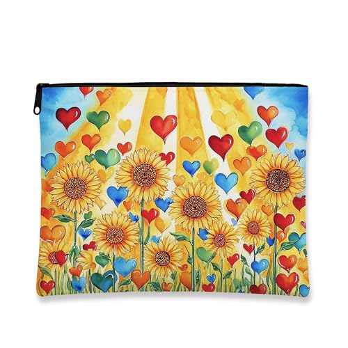 Bunte Make-up-Tasche, Sonnenblumen-Herzen, lebendige Kosmetiktasche für Damen, tragbare kleine Canvas-Tasche mit Reißverschluss, Geschenk, Hautpflege, Kulturbeutel, gelb, 7x9 Inch, Sonnenblume von Generic