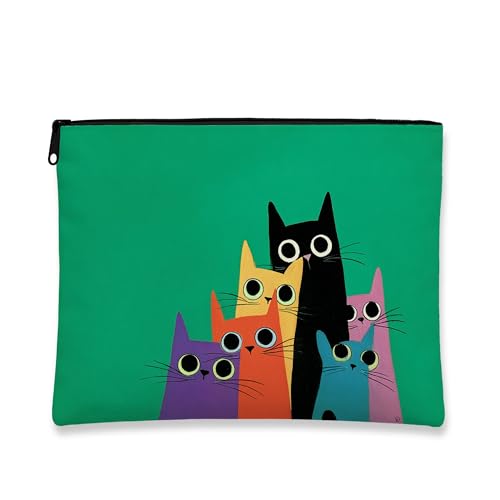 Bunte Make-up-Tasche mit Katzen-Motiv, lustige Kosmetiktasche für Frauen, tragbare kleine Canvas-Reißverschluss-Organizer, Urlaubsgeschenk, Hautpflege-Kulturbeutel, Grün, 7x9 Inch, Katzen von Generic