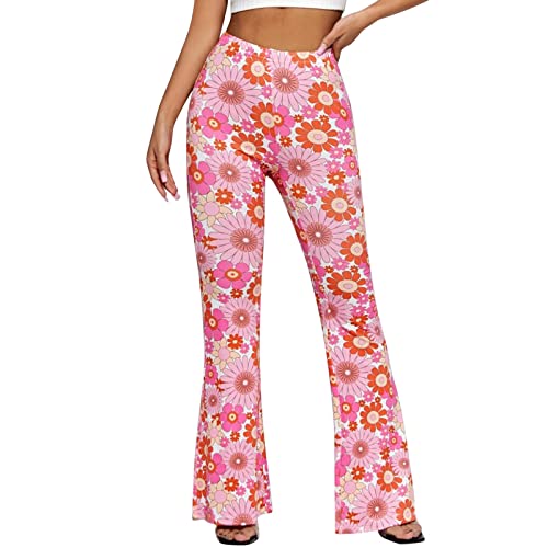 Bunte Schlaghose Damen Hose Damen Boho Strandhose Hippie Blumen Schlaghose Weites Bein Palazzo Sommerhose Elegant Freizeithose Blumen Druck Elastische Taille Yogahose (Pink, M) von Generic