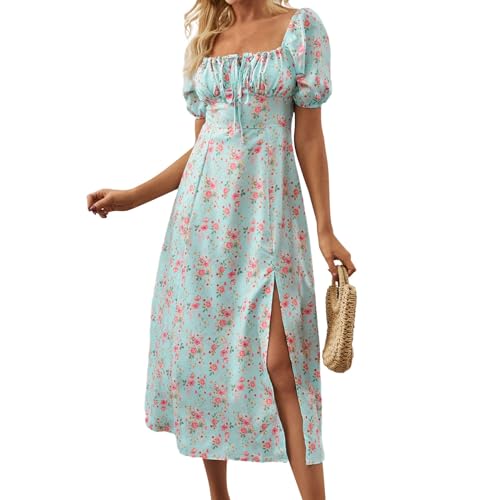 Buntes Kleid Damen, Strandkleid A Linie Schlitz Boho Kleid V-Ausschnitt Puff Ärmel Gesmokt Wickelkleid Casual Freizeitkleid Böhmisch Maxikleid mit Flowy Long Hem für Sommer Urlaub XS B Light Blue von Generic