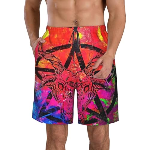 Buntes Pentagramm Dämon Baphomet Satanisch Herren Sporthose Mit Mesh Futter Shorts Schnelltrocknend Badehose Freizeit Boardshorts XXL von Generic