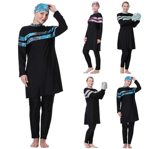 Burkini Damen Muslim Große Größen 3tlg Set Rash Guard Langarm Ganzkörper Schwimmanzug Schwimmkleid + Schwimmhose + Hijab Badeanzug Islamische Schwimmkleidung UV Schutz von Generic