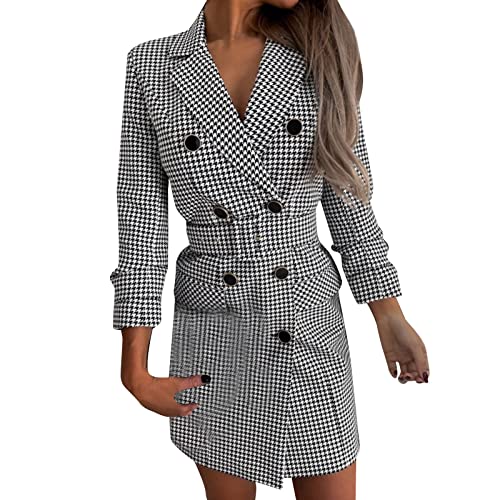 Business Kleid Damen Kurz Etuikleid 3/4 Arm Bleistiftkleid Knielang V Ausschnitt Enges Kleider mit Knöpfen Minikleid Elegant Jackenkleid Ballkleid Cocktailkleid Partykleid Hahnentritt von Generic