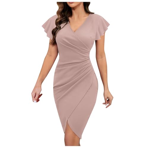 Business Kleid Damen Kurz Etuikleid Kurzarm Bleistiftkleid Knielang V Ausschnitt Enges Kleider mit Rüschenärmel Minikleid Elegant Schlauchkleid Cocktailkleid Partykleid Ballkleid Einfarbig von Generic