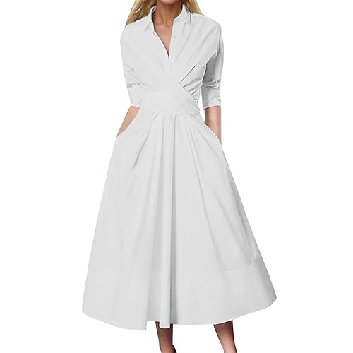 Business Kleider Damen Lang A Linien Kleid Elegant 3/4 Arm Faltenkleid Midi V-Ausschnitt Frauen Revers mit Schleife Midikleid Freizeitkleider Cocktailkleid Ballkleid Partykleid Einfarbig von Generic