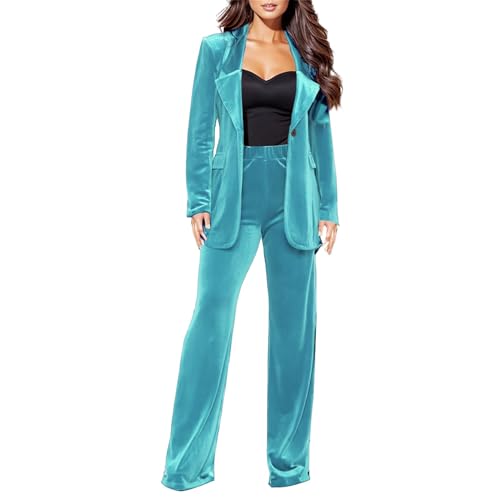 Business Outfit Damen Set - Damenanzug Damen Elegant Set Hochzeit - Langarm Revers Slim Fit Samt Anzug Weites Bein Hosen Set Langarm Tracksuit Elegante Blazer Jacke Hosen Outfit Sexy Freizeitanzug von Generic