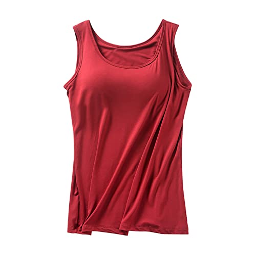 CGGMVCG Damen Unterhemd BH-Hemd Basic U-Ausschnitt Eingebauter BH Bügelloser Gepolstert Tank Tops Stretch Camisole, Z11 Rot, Groß von Generic