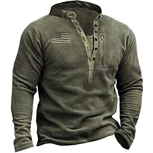 CHUUMEE Herren Outdoor Taktisches Sweatshirt Herbst Winter Amerikanische Flagge Print Henley Kragen Fleece Pullover, Army Grün, L von Generic