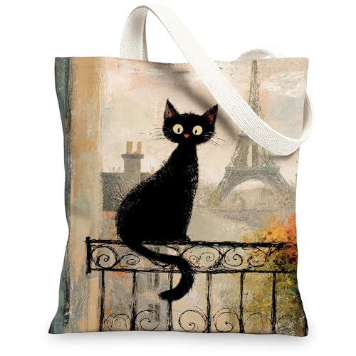 Canvas-Tragetaschen mit Katzenmotiv, wiederverwendbar, künstlerischer urbaner Stil, leicht, waschbar, Schultertaschen für Reisen, Strand, Picknick, 33 x 38 cm von Generic