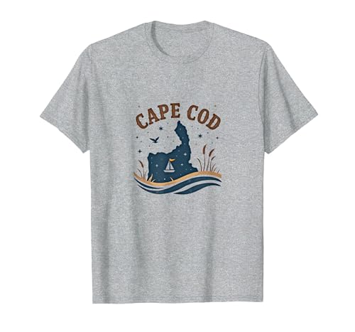 Cape Cod Nautische Nachtszene Küste T-Shirt, Herren, Grau Meliert, M von Generic