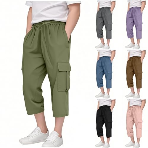 Capri Hose Junge Cargo Jogginghose 3/4 Hose Kinder Mode Cargo Hose Elastische Taille Einfarbig Sommerhose Cool High Waist Outdoor Sporthose Freizeithose (Green-a, 3-4 Years) von Generic