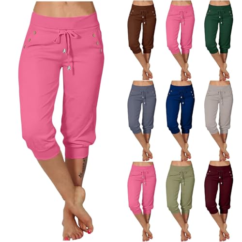 Caprihose Damen 3/4 Jogginghose Sommer Kurz Sommerhose Damen Leicht Große Größen Stretch Sporthose Mit Kordelzug Knielang Strandhose Freizeit Hose Mit Tasche Barmuda Shorts Yogahose Baggy Haremshose von Generic