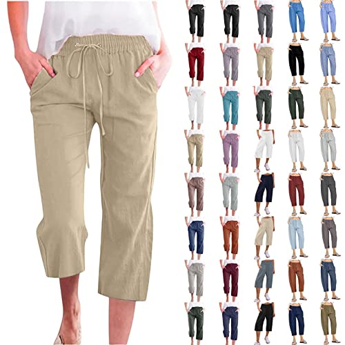 Caprihose Damen High Waist Leinenhose Jogginghose Damen Sporthose 3/4 Leinen Baumwolle Hose für Frauen Stoffhose Baggy Hose Sommer Leicht Freizeithose Sweathose Yogahose Trainingshose mit Taschen von Generic