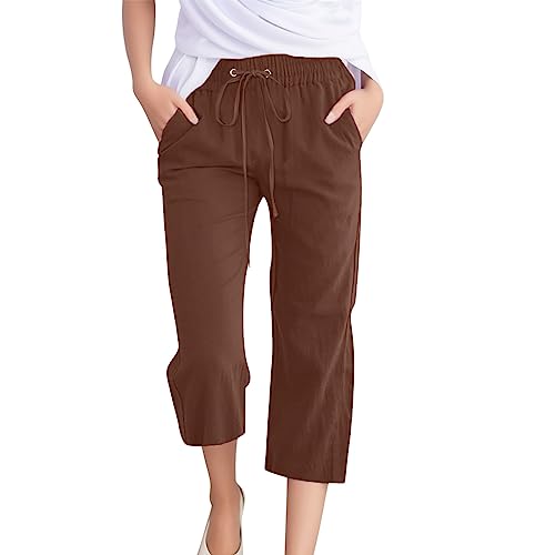 Caprihose Damen Sommer -3/4 Hose Damen Stretch-Sommerhose Damen Leicht Weite Strandhose mit Tunnelzug und Taschen Palazzo Hose Elastische Taille Sporthose Modisch Leinenhose Casual Jogginghose von Generic