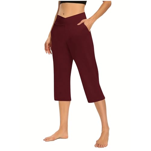 Caprihose Damen Sommer Leicht Capri Hosen Sommerhose mit Taschen Einfarbig Jogginghose Elastische Taille 3/4 Hose Weite Bein Sporthose Lässig Trainingshose Sport Yogahose Freizeithose Laufhose von Generic