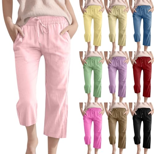 Caprihose Mädchen Leinenhose Gummibund Einfarbig 3/4 Hose Kinder Sommerhose Baumwolle Leinen Sporthose Capri Hosen Freizeithose mit Kordelzug (Coffee, 12-13 Years) von Generic
