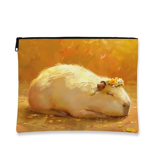 Capybara Make-up-Tasche, gelbes Blumenmuster, künstlerische Kosmetiktasche für Frauen, tragbare kleine Canvas-Reißverschluss-Organizer, Geschenk für Frühlingsfestivals, gelb, 7x9 Inch von Generic