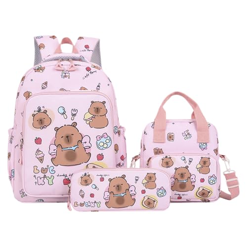 Capybara Rucksack – Cartoon-Schul-Büchertaschen-Set | 3-in-1 süßer Mädchen-Reiserucksack | inklusive Lunchtasche und Federmäppchen, Rosa, Refer to description von Generic