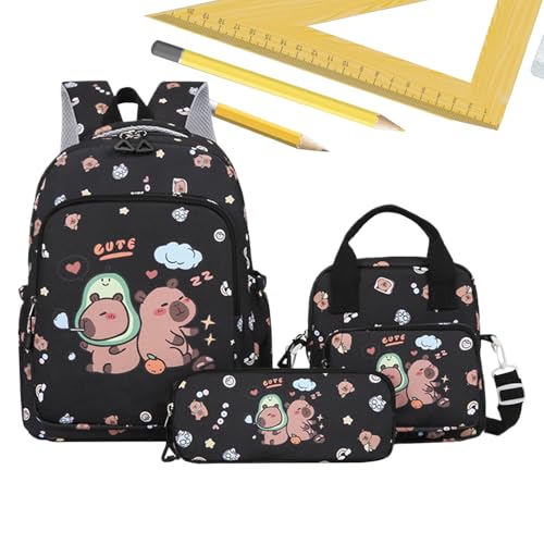 Capybara Rucksack – Cartoon-Schul-Büchertaschen-Set | 3-in-1 süßer Mädchen-Reiserucksack | inklusive Lunchtasche und Federmäppchen, Schwarz, Refer to description von Generic