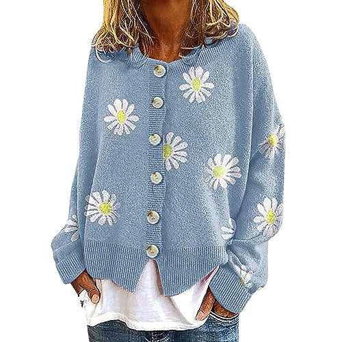 Cardigan Damen Kurz Strickjacke mit Blumen Drucken Herbst Winter Open Front Sweater Button Down Cardigan Elegant Festlich Pulli Langarmshirt Strickjacken für Frauen Teenager Mädchen von Generic