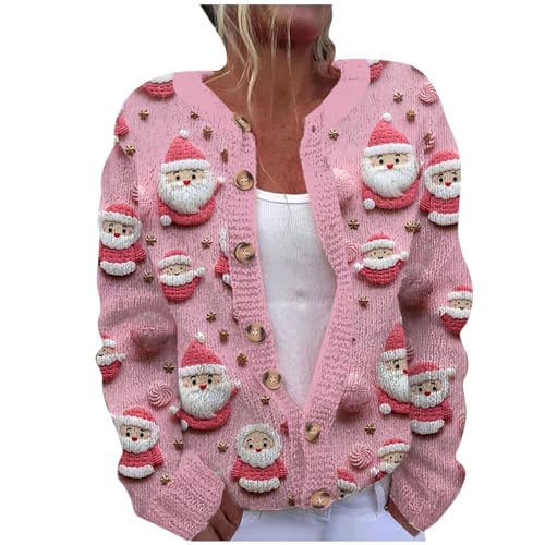 Cardigan Damen Weihnachtsdruck Winterjacke Grobstrick Strickjacke Rundhals Einreihiges Jacke Winter Warm Strickmantel Festlich Übergangsjacke Weihnachten Strickpullover Große Größen Weihnachtspulli von Generic