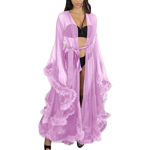 Cardigan Spitze Damenmode Sexy Tüll Robe Lange Dessous Nachthemd Bademantel Nachtwäsche Feder Braut Robe Dessous Dessous Große Größen 52 (1-Purple, One Size) von Generic