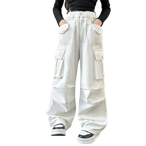 Cargohose Baggy Weite Bein Hose Hip Hop Y2K Streetwear Freizeithose Jogginghose mit Gummizug Oversized Vintage 90er Track Pants Sweathose Cargo Lange Hosen für Teenager Mädchen (White, 7-8 Years) von Generic