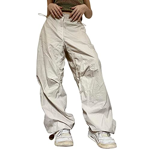 Cargohose Damen Baggy High Waist Weites Bein Hose Y2K Parachute Cargo Pants Oversized Vintage 90er Baggy Cargo Hose Teenager Mädchen Breite Jogginghose mit Kordelzug von Generic