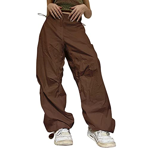 Cargohose Damen Baggy High Waist Weites Bein Hose Y2K Parachute Cargo Pants Oversized Vintage 90er Baggy Cargo Hose Teenager Mädchen Breite Jogginghose mit Kordelzug von Generic