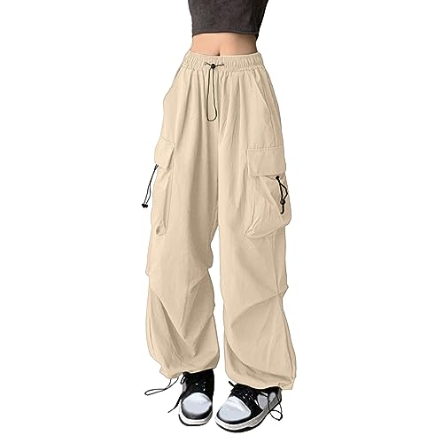 Cargohose Damen Baggy High Waist Weites Bein Hose Y2K Parachute Cargo Pants Oversized Vintage 90er Baggy Cargo Hose Teenager Mädchen Breite Jogginghose mit Kordelzug von Generic