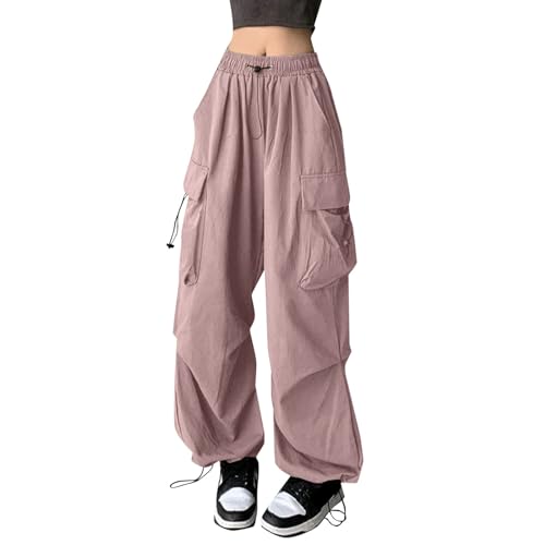 Cargohose Damen Baggy High Waist Weites Bein Hose Y2K Parachute Cargo Pants Oversized Vintage 90er Baggy Cargo Hose Teenager Mädchen Breite Jogginghose mit Kordelzug von Generic