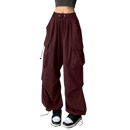 Cargohose Damen Baggy High Waist Weites Bein Hose Y2K Parachute Cargo Pants Oversized Vintage 90er Baggy Cargo Hose Teenager Mädchen Breite Jogginghose mit Kordelzug von Generic