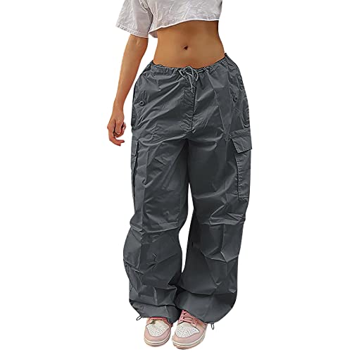 Cargohose Damen Baggy High Waist Weites Bein Hose Y2K Parachute Cargo Pants Oversized Vintage 90er Baggy Cargo Hose Teenager Mädchen Breite Jogginghose mit Kordelzug von Generic