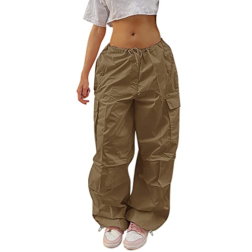 Cargohose Damen Baggy High Waist Weites Bein Hose Y2K Parachute Cargo Pants Oversized Vintage 90er Baggy Cargo Hose Teenager Mädchen Breite Jogginghose mit Kordelzug von Generic