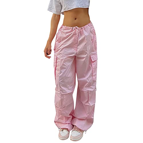 Cargohose Damen Baggy High Waist Weites Bein Hose Y2K Parachute Cargo Pants Oversized Vintage 90er Baggy Cargo Hose Teenager Mädchen Breite Jogginghose mit Kordelzug von Generic