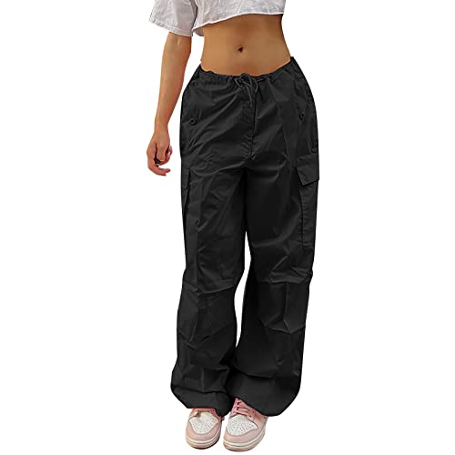 Cargohose Damen Baggy High Waist Weites Bein Hose Y2K Parachute Cargo Pants Oversized Vintage 90er Baggy Cargo Hose Teenager Mädchen Breite Jogginghose mit Kordelzug von Generic