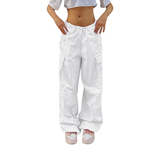 Cargohose Damen Baggy High Waist Weites Bein Hose Y2K Parachute Cargo Pants Oversized Vintage 90er Baggy Cargo Hose Teenager Mädchen Breite Jogginghose mit Kordelzug von Generic