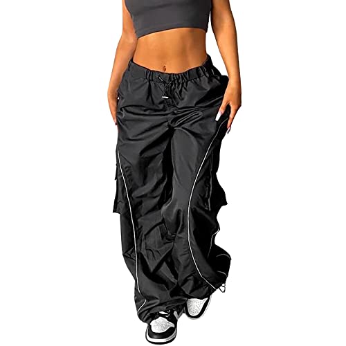 Cargohose Damen Baggy Hose Y2K Elastische Taille Hose High Waist Hose Freizeithose Vintage Oversize Jogginghose Y2K Fashion Aestethic Casual Sommerhosen E-Girl (Black, S) von Generic