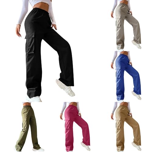 Cargohose Damen High Waist Jogginghose Teenager Mädchen Cargo Hose Cargohosen Y2k Hosen Straight Sweathose Elastische Bund Capri Hosen Schlaghose Sport Jogginghose Streatwear mit Taschen von Generic