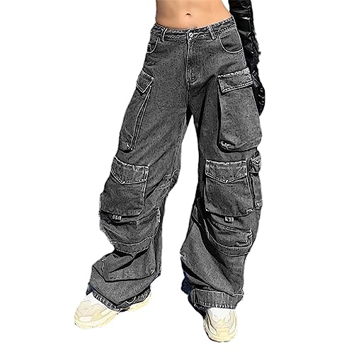 Cargohose Damen Jeans Vintage Street Distressed Wash Baggy Jeans Damen Lässige Jeans Mit Weitem Bein Und Hoher Taille von Generic