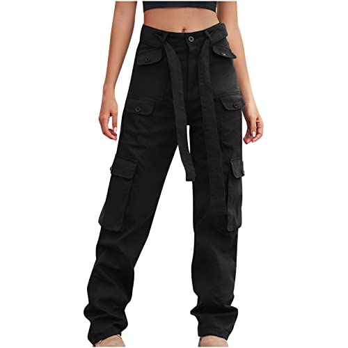 Cargohose Damen Lang High Waist Cargo Hose Multi Taschen 90er Streetwear Jeans Hose Elastische Taille Arbeitshose E-Girl Style Pants Baggy Cargo Hosen Reißverschluss Breites Bein Boyfriend Pants von Generic