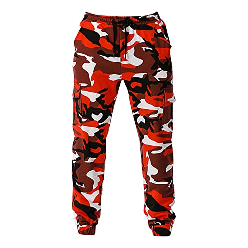 Cargohose Herren Sporthose Herren Lang Multi-Pocket-Camouflage-Hose große Größe Hose kleine Fußhose lose Freizeithose Camouflage Hose Bundeswehr Stil Leinenhose Herren Lang Rot L von Generic