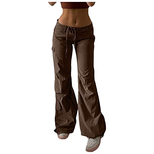 Cargohose Hip Hop Lange Hosen Damen Baggy Low Waist Drawstring Freizeithose Oversize Jogginghose Streetwear Track Hose Hohe Taille Stretch Passform Gerades Weites Bein Vintage Y2 K Punk (A03-Brown, S) von Generic